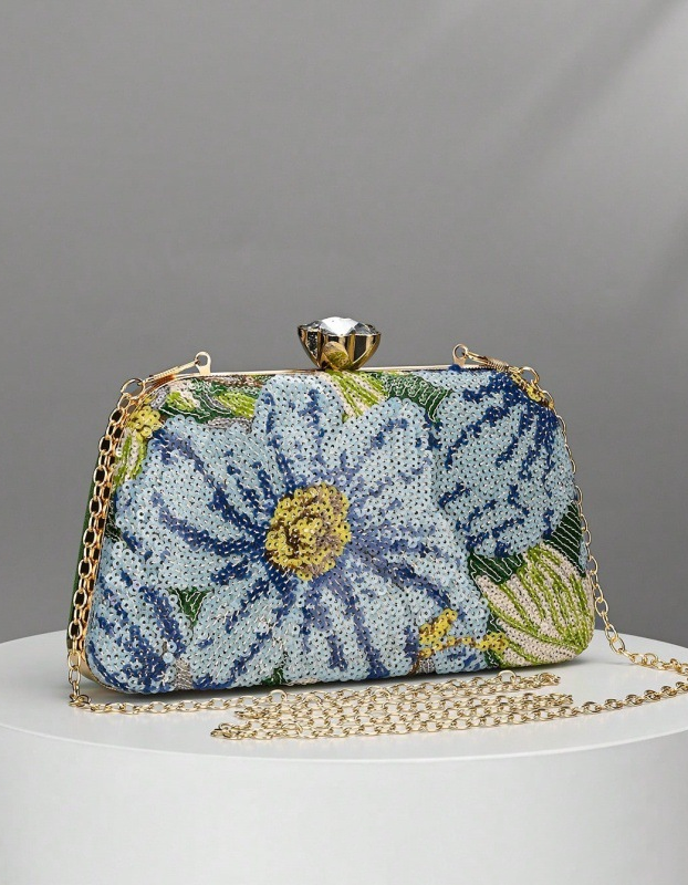 Champagne Floral Sequin Embroidered Evening Clutch Bag for Women Formal Party Dress