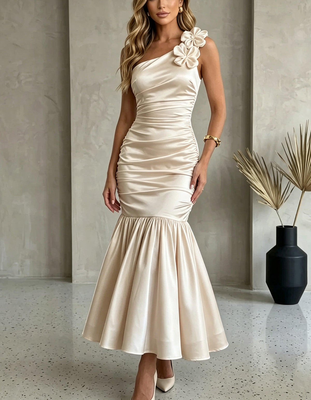 Robe midi en satin à une épaule, fleur 3D et ourlet volanté