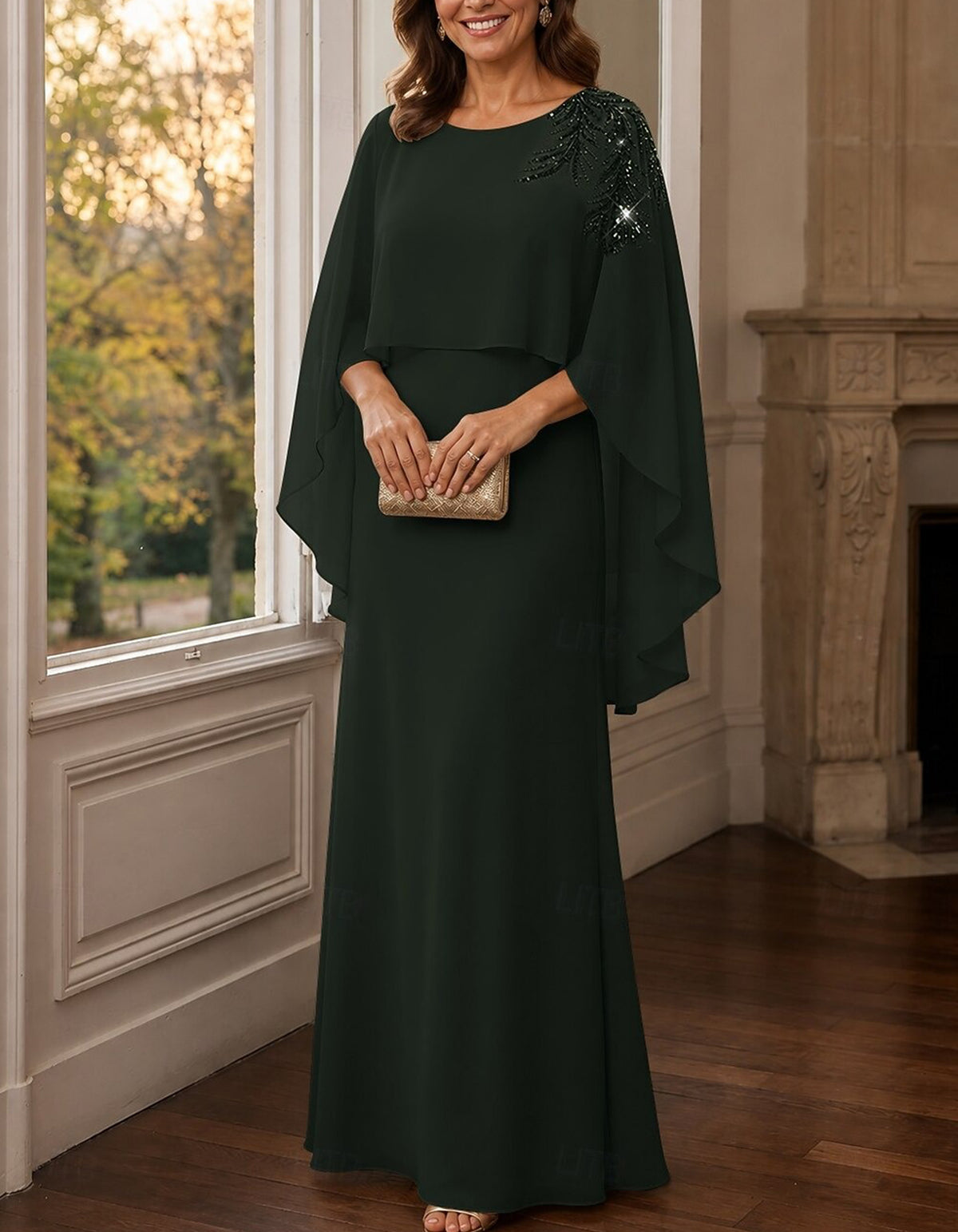 Chiffon Round Neck Cape Overlay Sleeve Maxi Dress