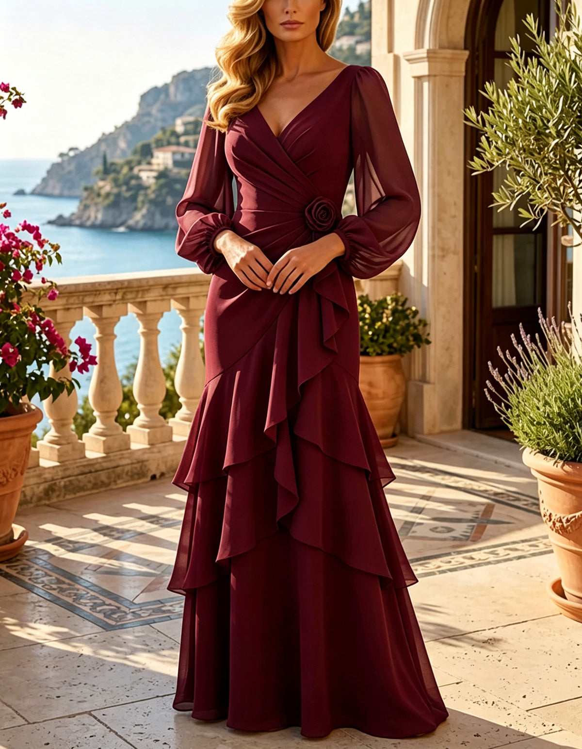Chiffon Wrap V Neck Sheer Lantern Long Sleeve 3D Rose Maxi Dress