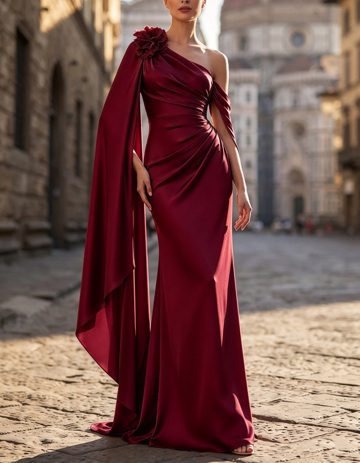 Champagne Gold One-Shoulder Satin Mermaid Maxi Dress