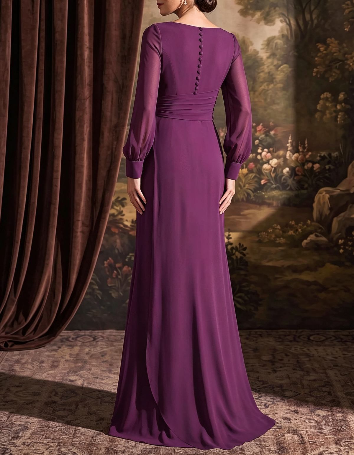 Formelles Maxi-Meerjungfrauenkleid aus Chiffon mit V-Ausschnitt und langen Puffärmeln