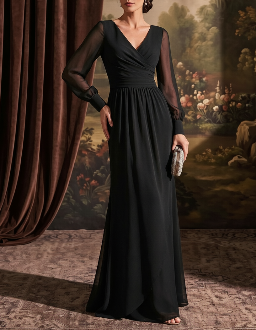 V Neck Chiffon Long Puff Sleeve Mermaid Formal Maxi Dress