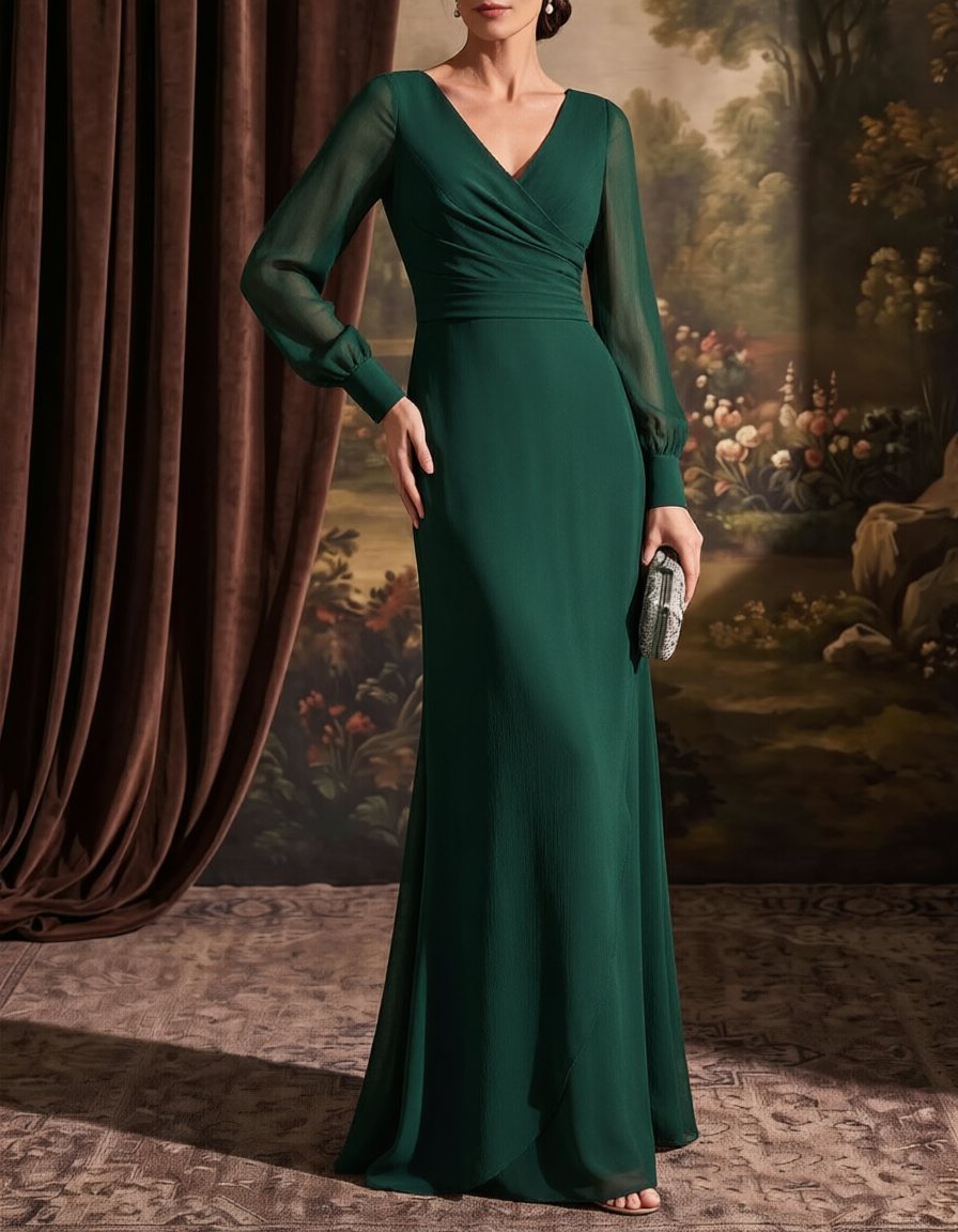 V Neck Chiffon Long Puff Sleeve Mermaid Formal Maxi Dress
