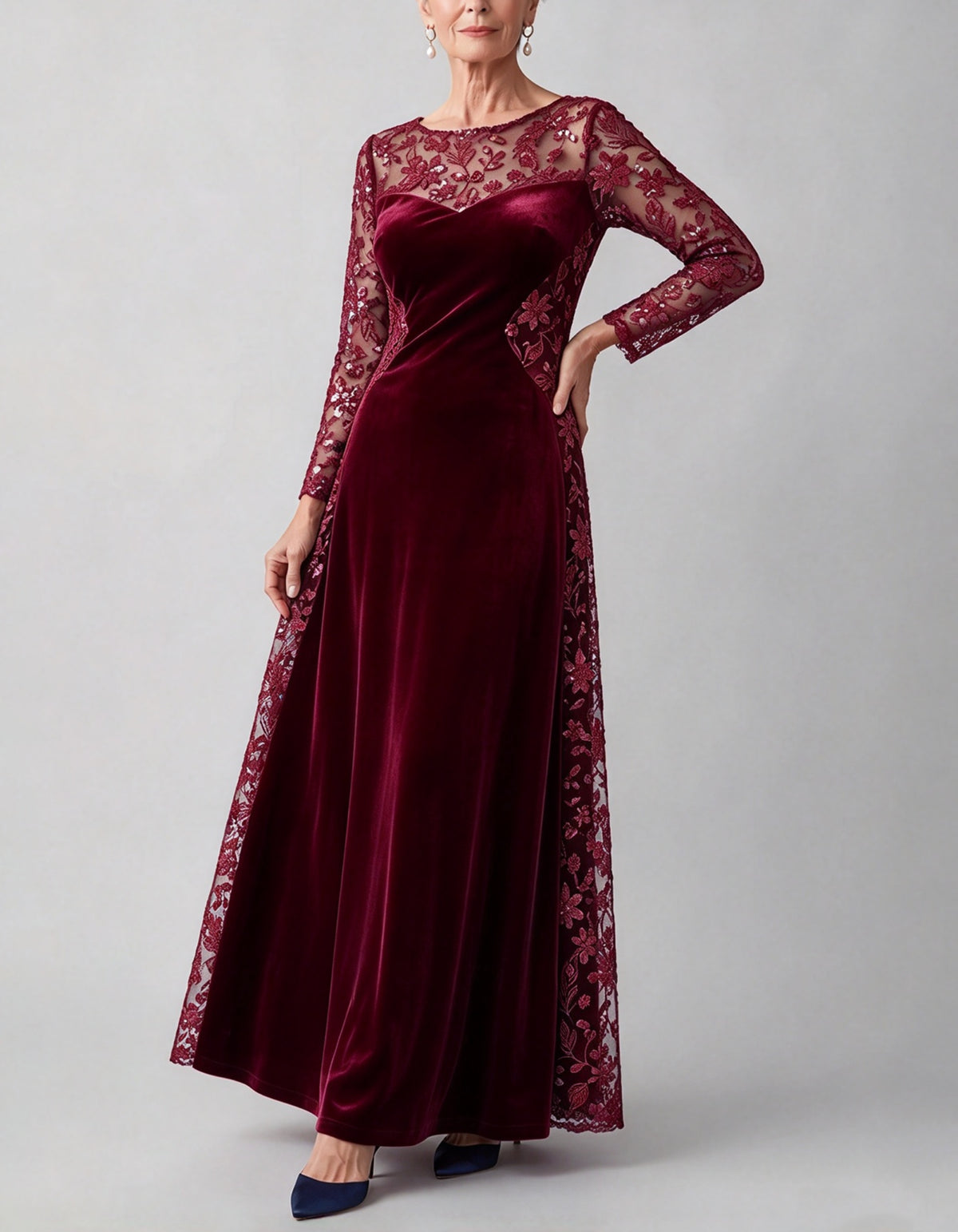 Navy Blue Sequin Floral Lace & Velvet Maxi Dress