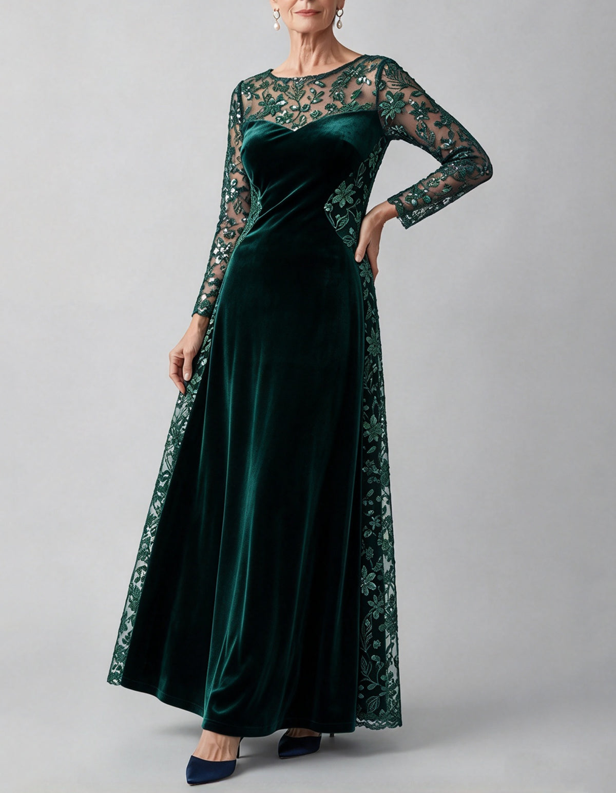 Navy Blue Sequin Floral Lace & Velvet Maxi Dress