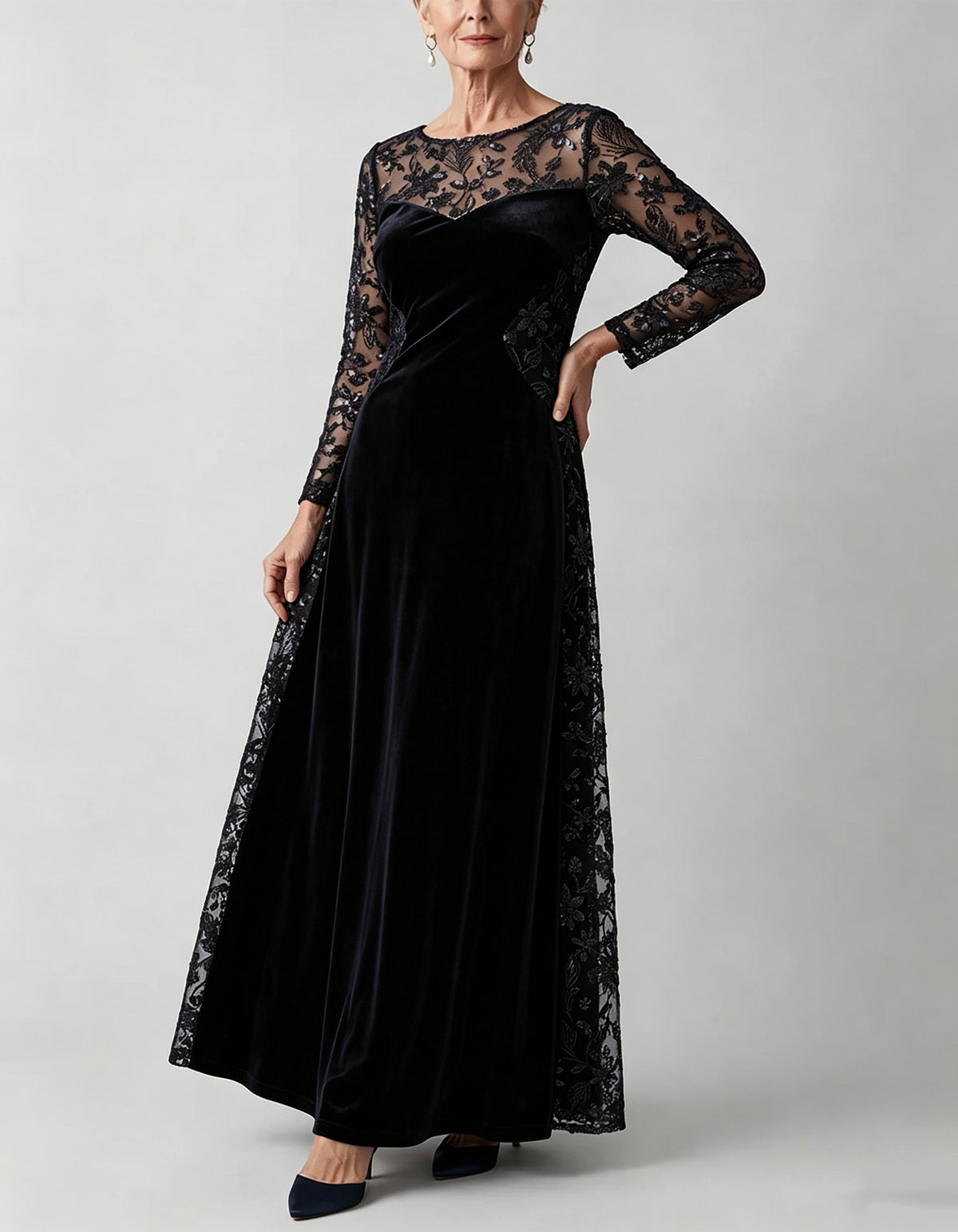 Navy Blue Sequin Floral Lace & Velvet Maxi Dress