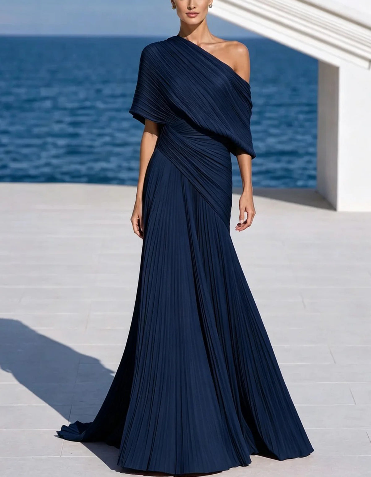 One Shoulder Pleated Chiffon Ruched Waist Maxi Dress