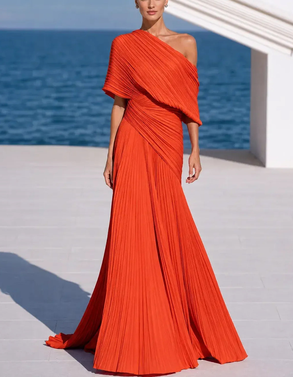 One Shoulder Pleated Chiffon Ruched Waist Maxi Dress