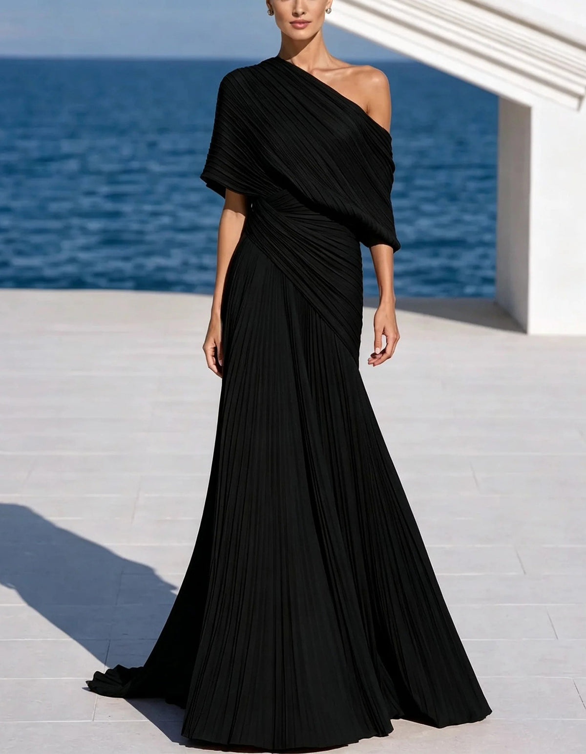 One Shoulder Pleated Chiffon Ruched Waist Maxi Dress