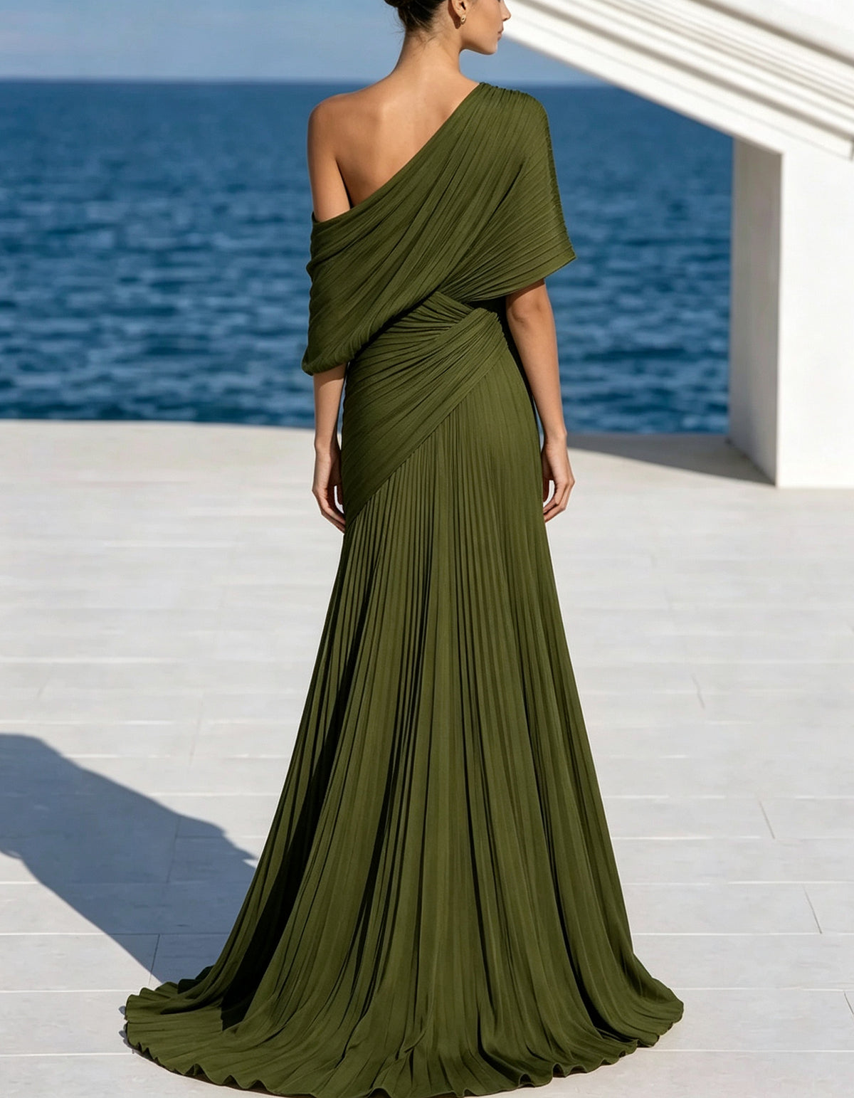 One Shoulder Pleated Chiffon Ruched Waist Maxi Dress