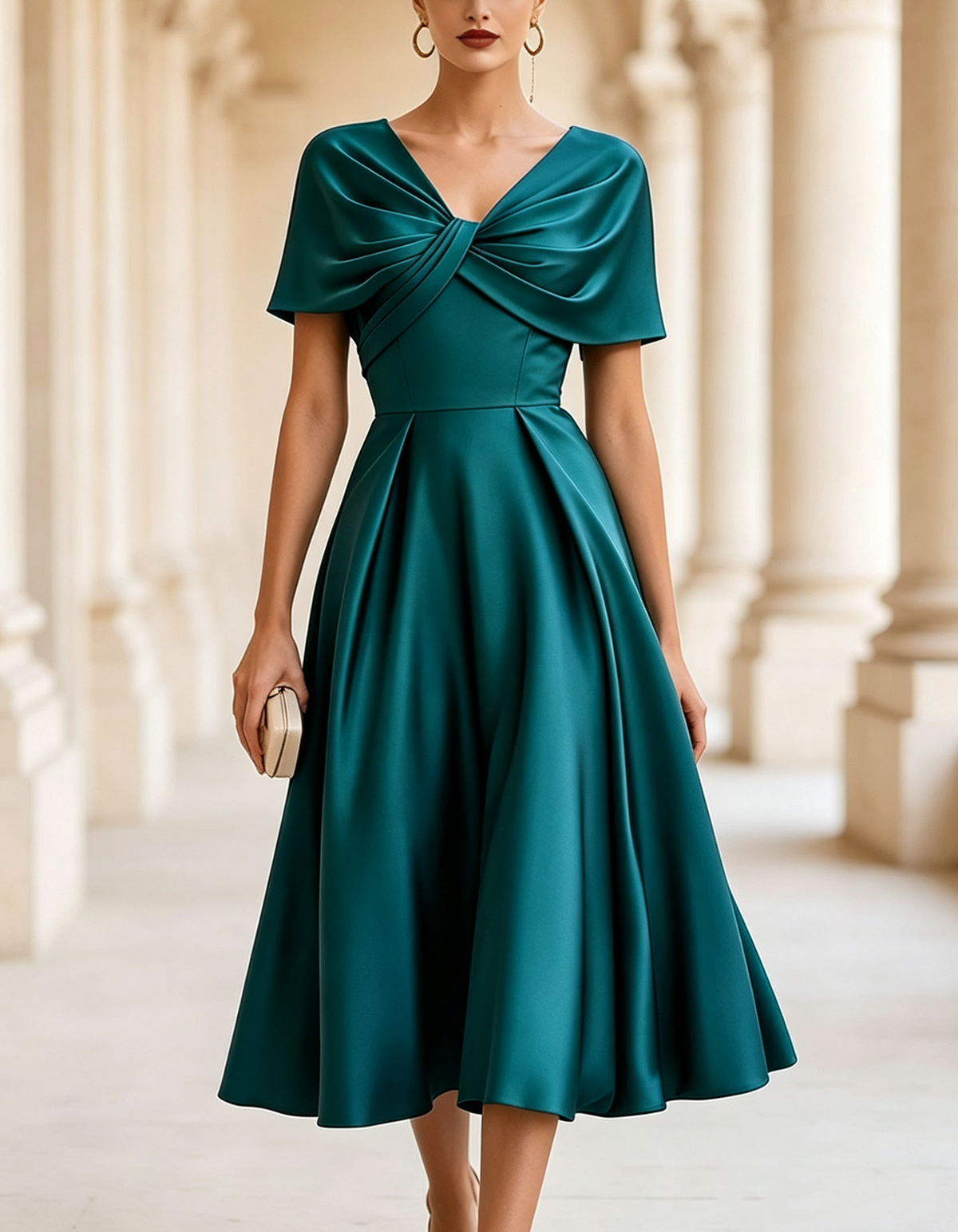 Twisted Draped V-Neck Satin Midi Dress