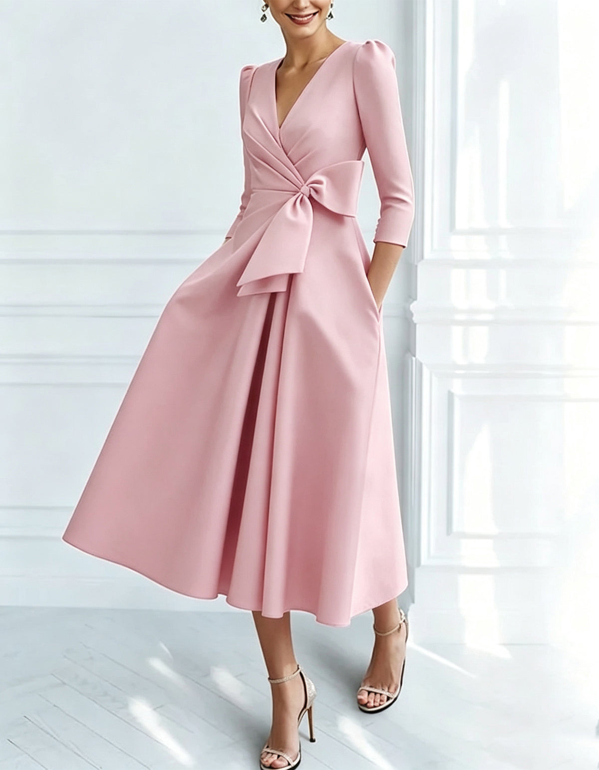 Vestido midi de color liso con lazo y escote en V