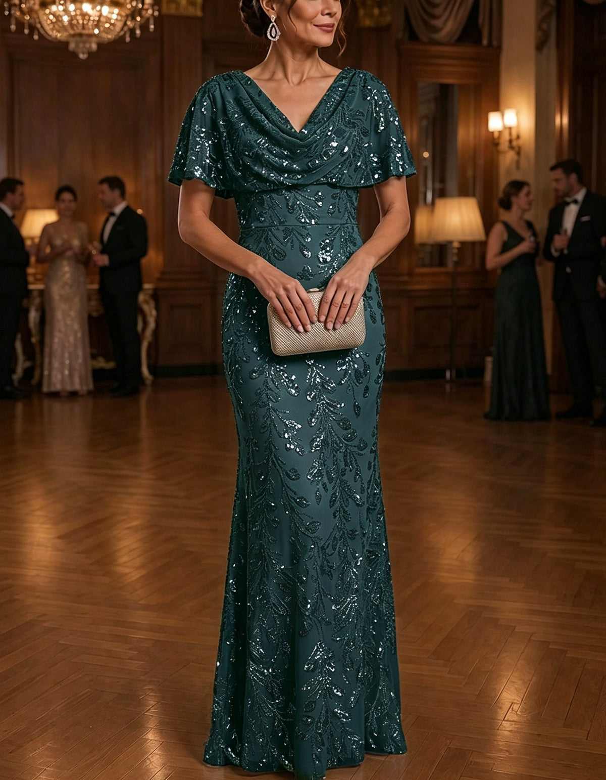 Sequin Mesh Cowl V Neck Short Cape Flutter Sleeve Maxi Dress