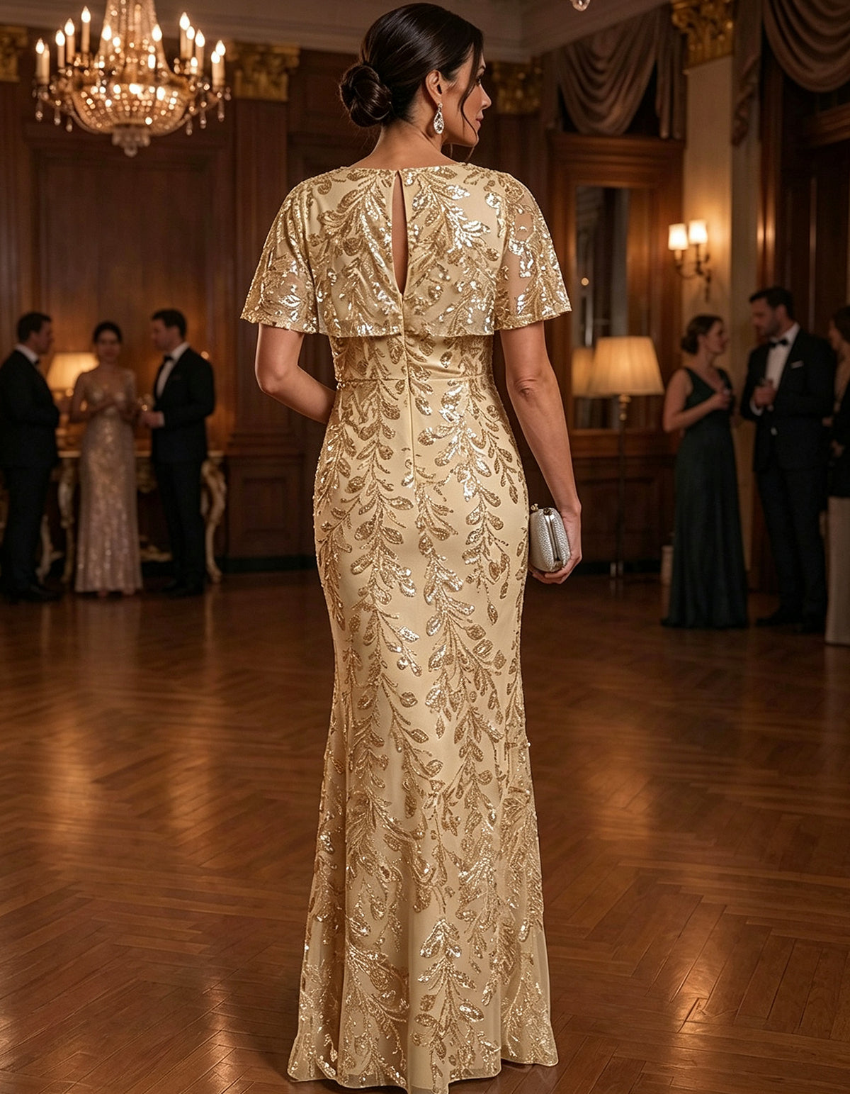 Abito lungo maxi in mesh con paillettes, scollo drappeggiato a V, mantellina corta e maniche a volant