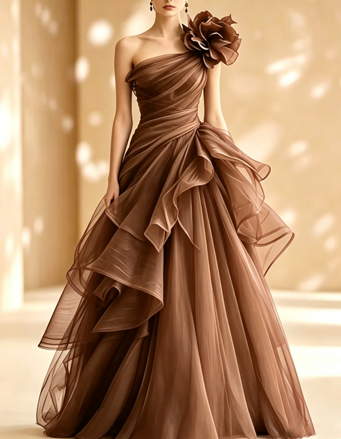 Vestido de noite comprido de tule com flores 3D, de um ombro só, cor borgonha