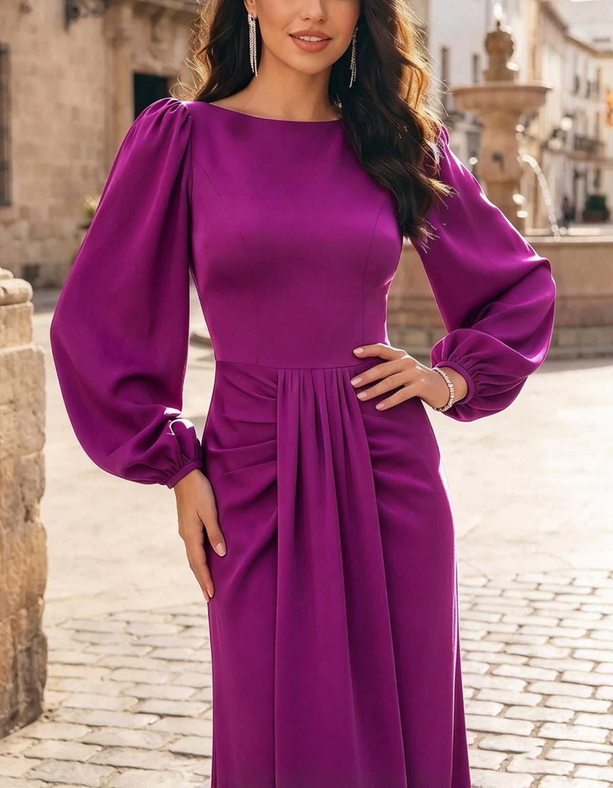 Maxikleid in Rosérosa mit langen Ärmeln und Rundhalsausschnitt