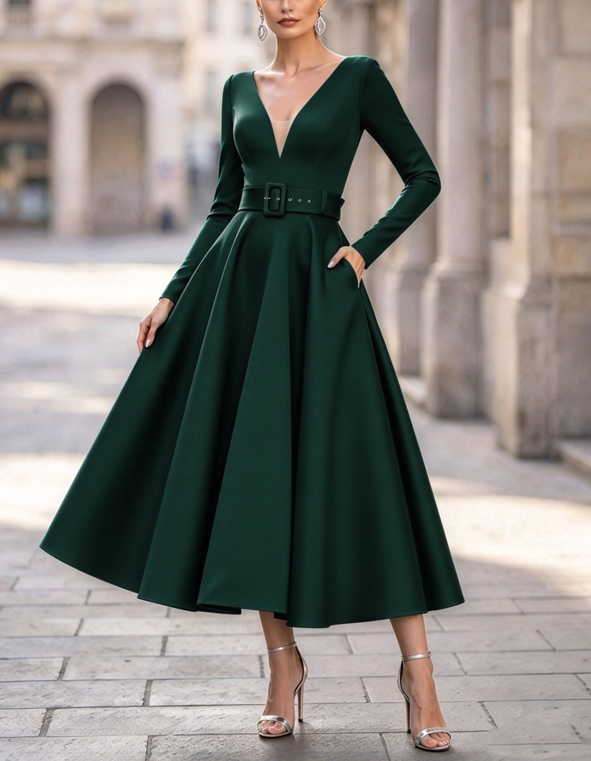Dunkelgrünes Midikleid mit V-Ausschnitt und langen Ärmeln