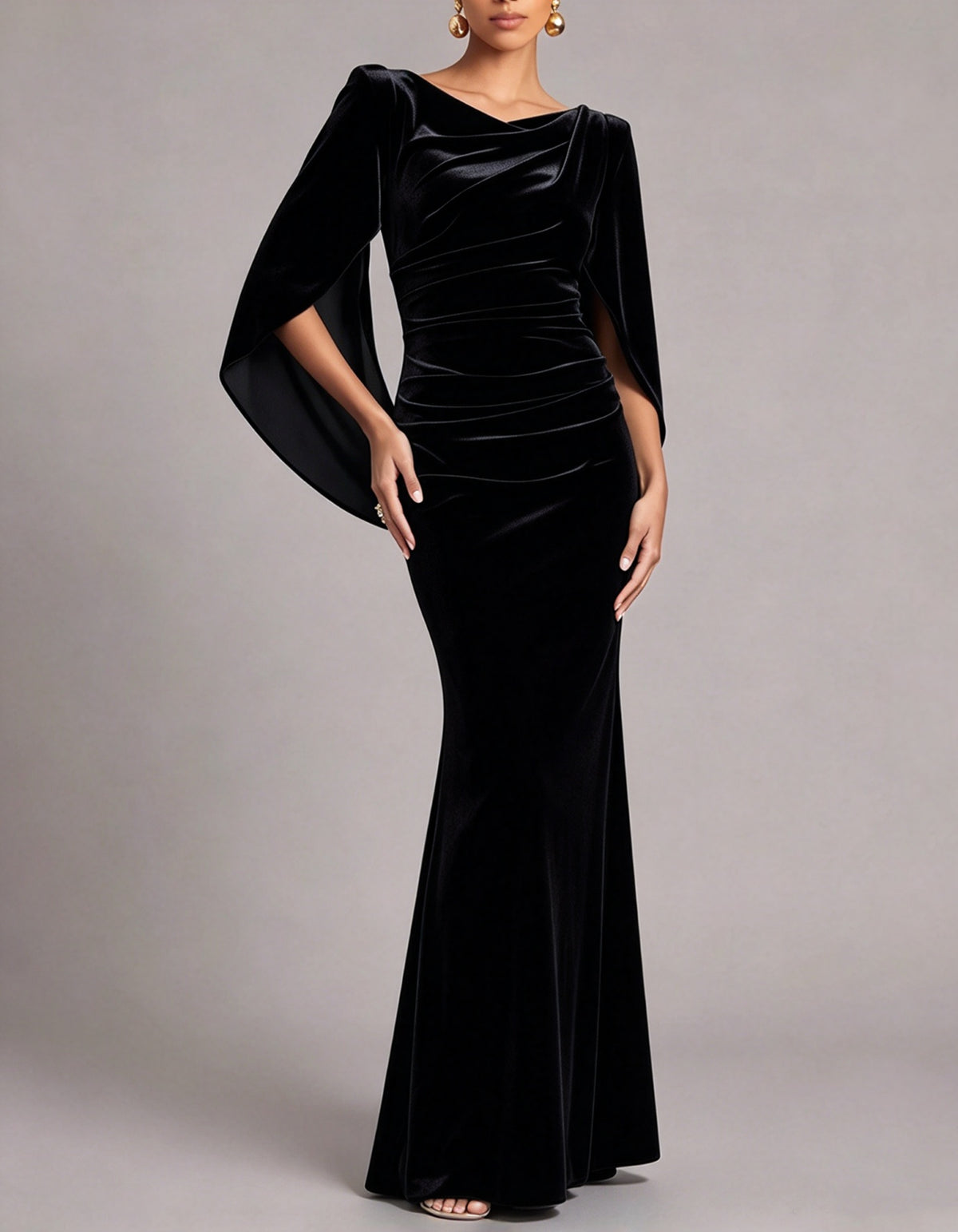 Green Draped Cowl Cape Sleeve Velvet Mermaid Maxi Dress