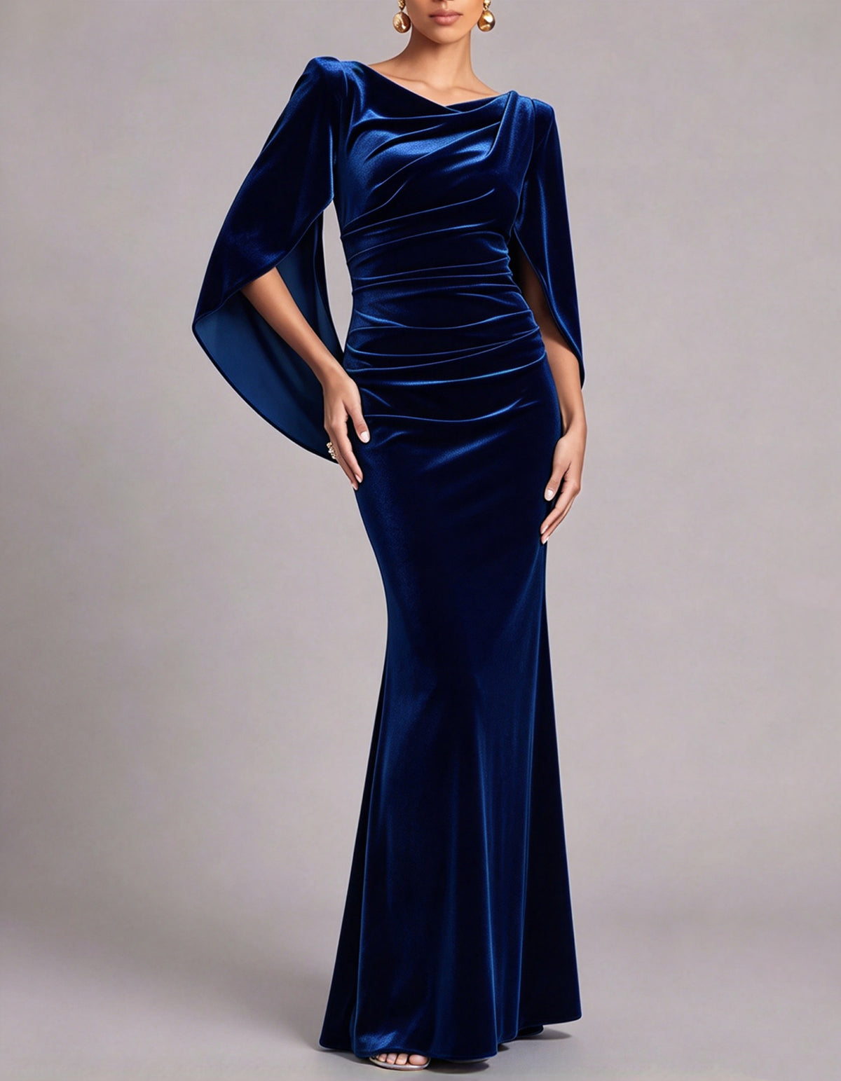 Green Draped Cowl Cape Sleeve Velvet Mermaid Maxi Dress