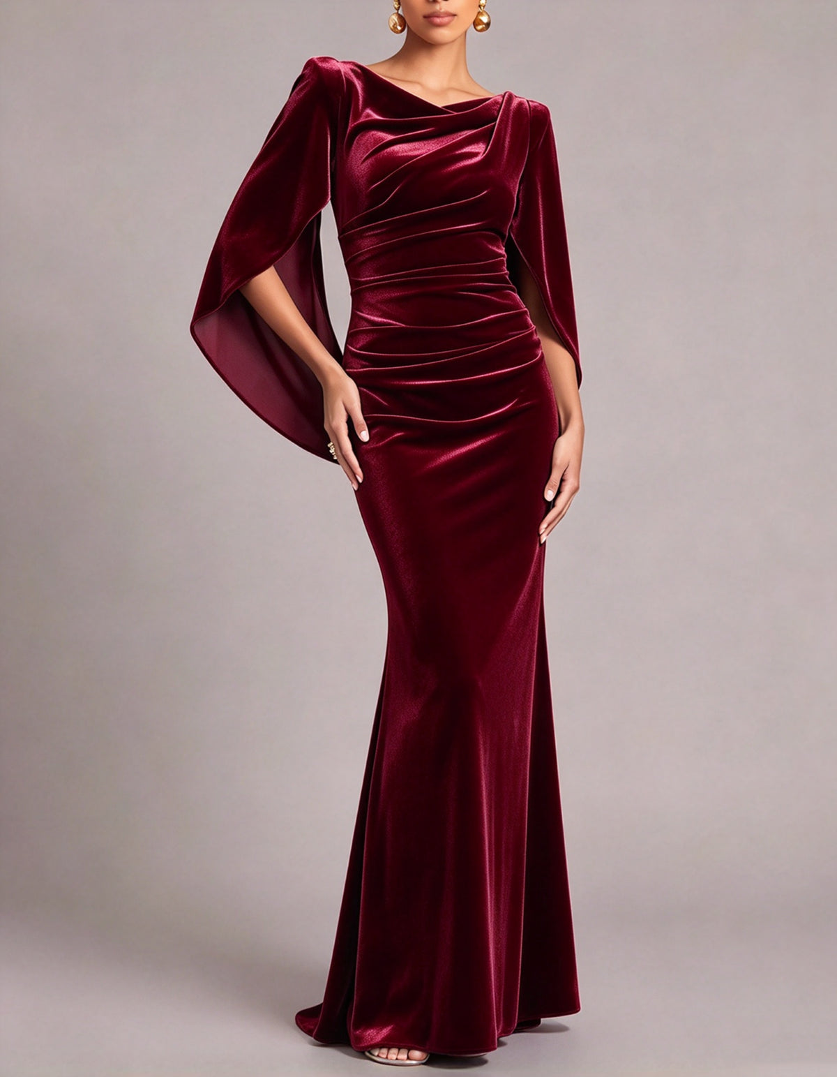 Green Draped Cowl Cape Sleeve Velvet Mermaid Maxi Dress
