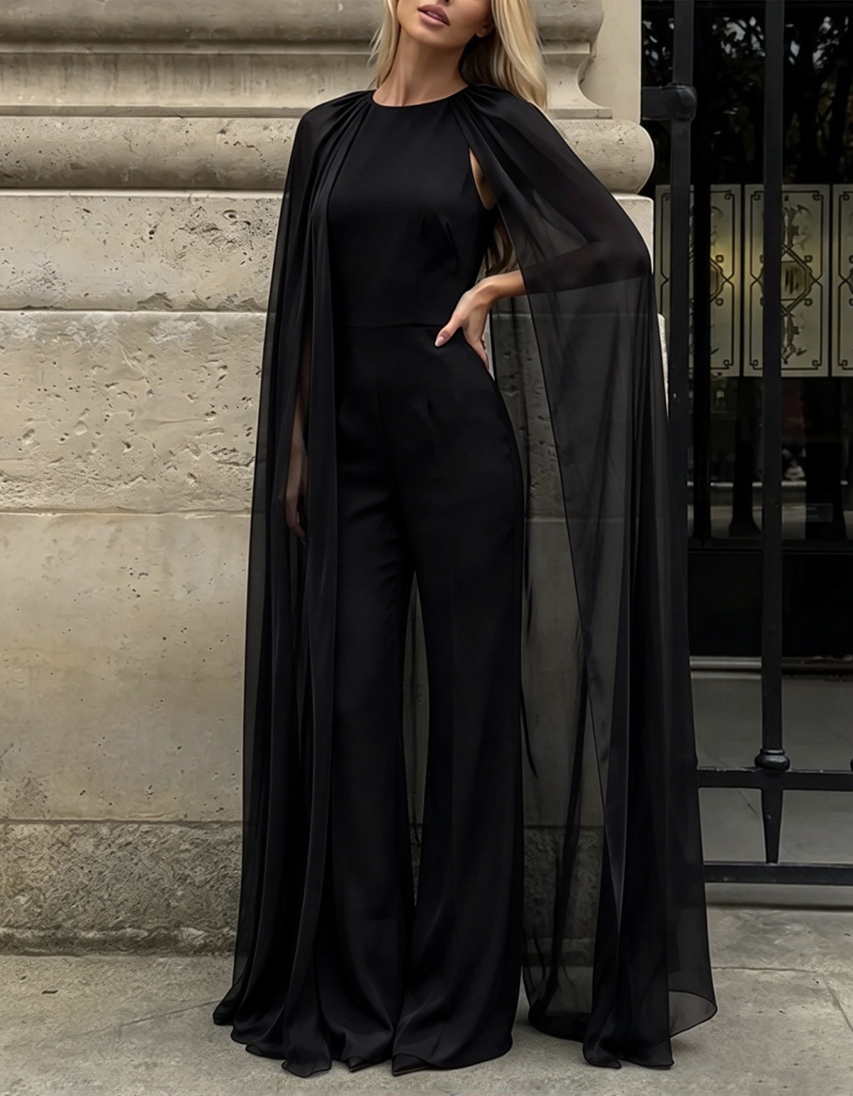 Brown Round-Neck Cape Draped Chiffon Jumpsuit
