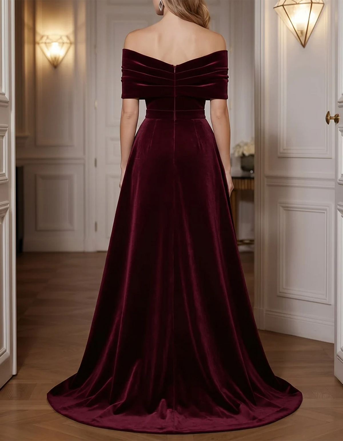Bordeauxfarbenes schulterfreies Samt-Maxikleid in Meerjungfrauen-Schnitt mit Pailletten