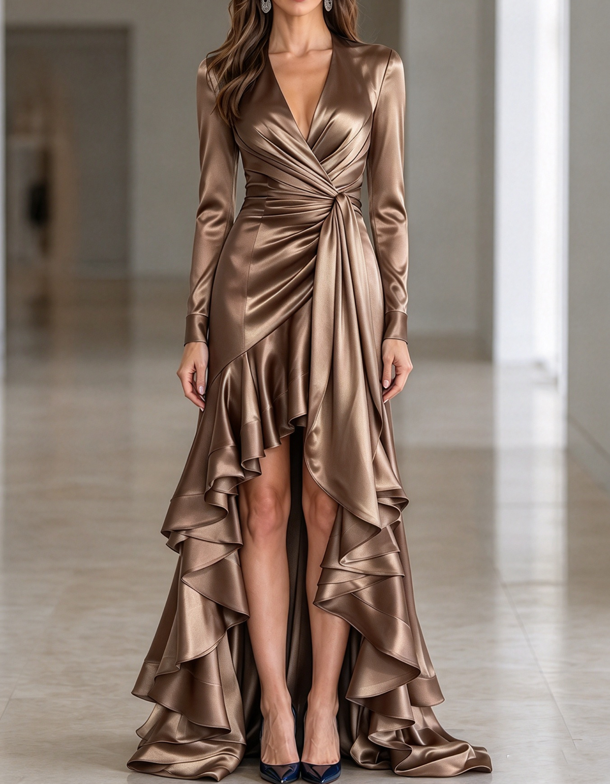Long Sleeve Deep V Neck Satin High Low Ruffled Maxi Dress