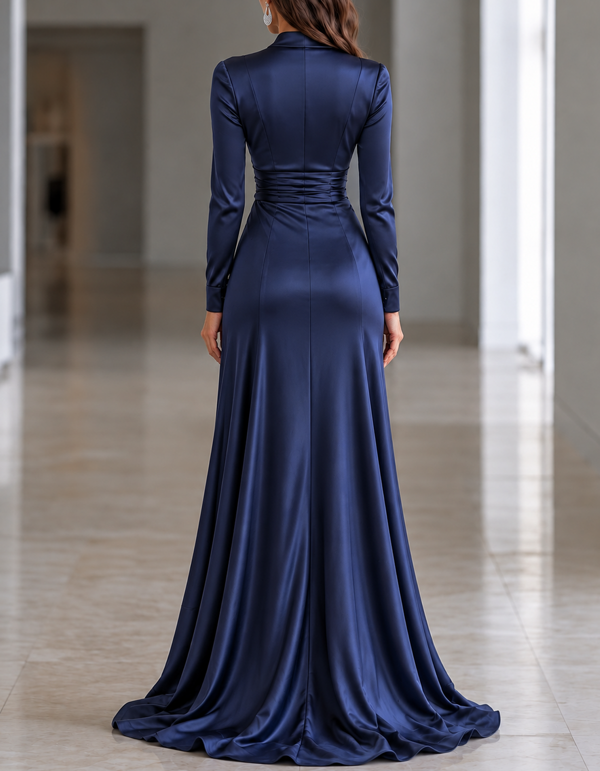 Satin-Maxikleid mit langen Ärmeln, tiefem V-Ausschnitt, asymmetrischem Saum und Rüschen