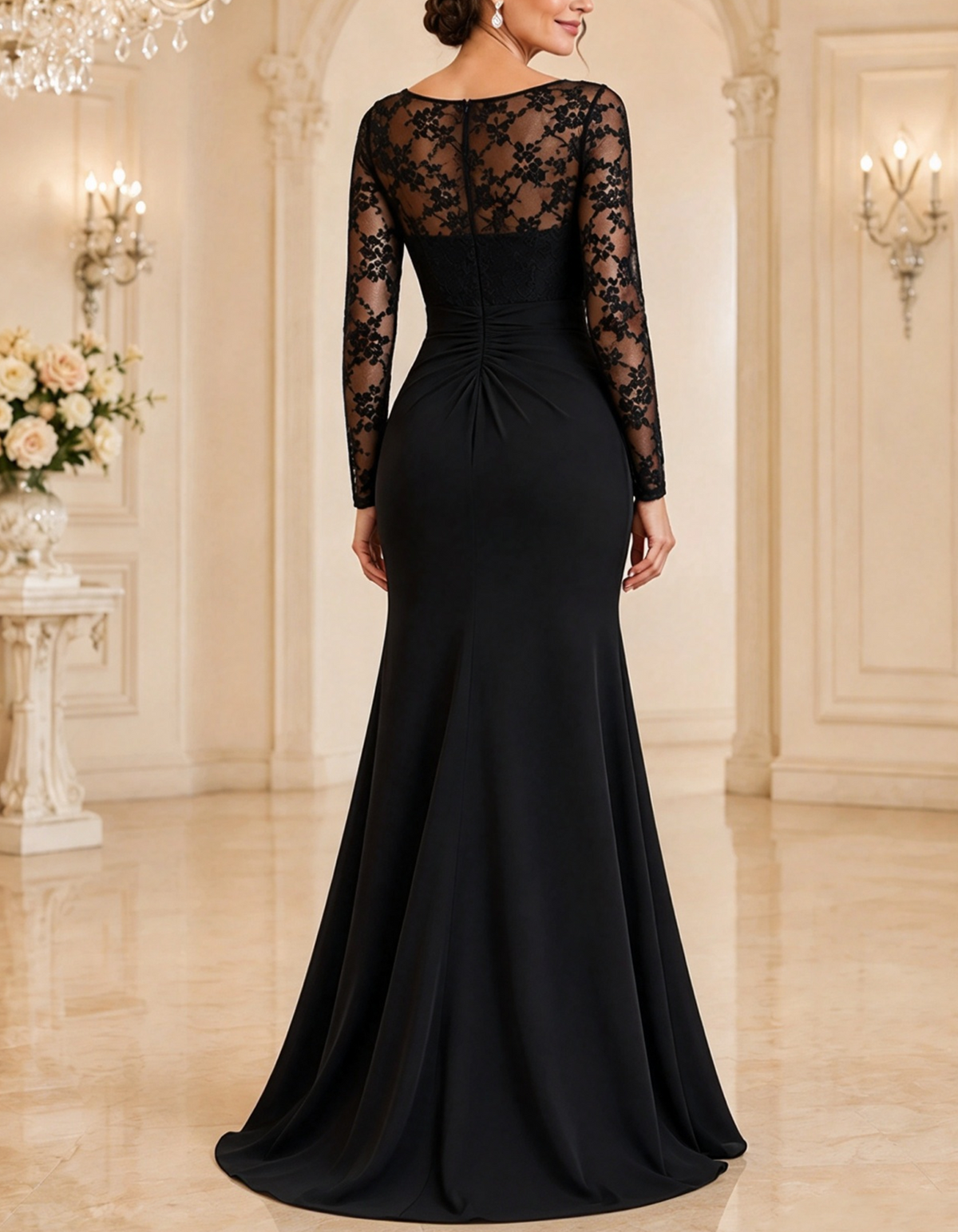 Robe longue en dentelle froncée à la taille et à manches longues