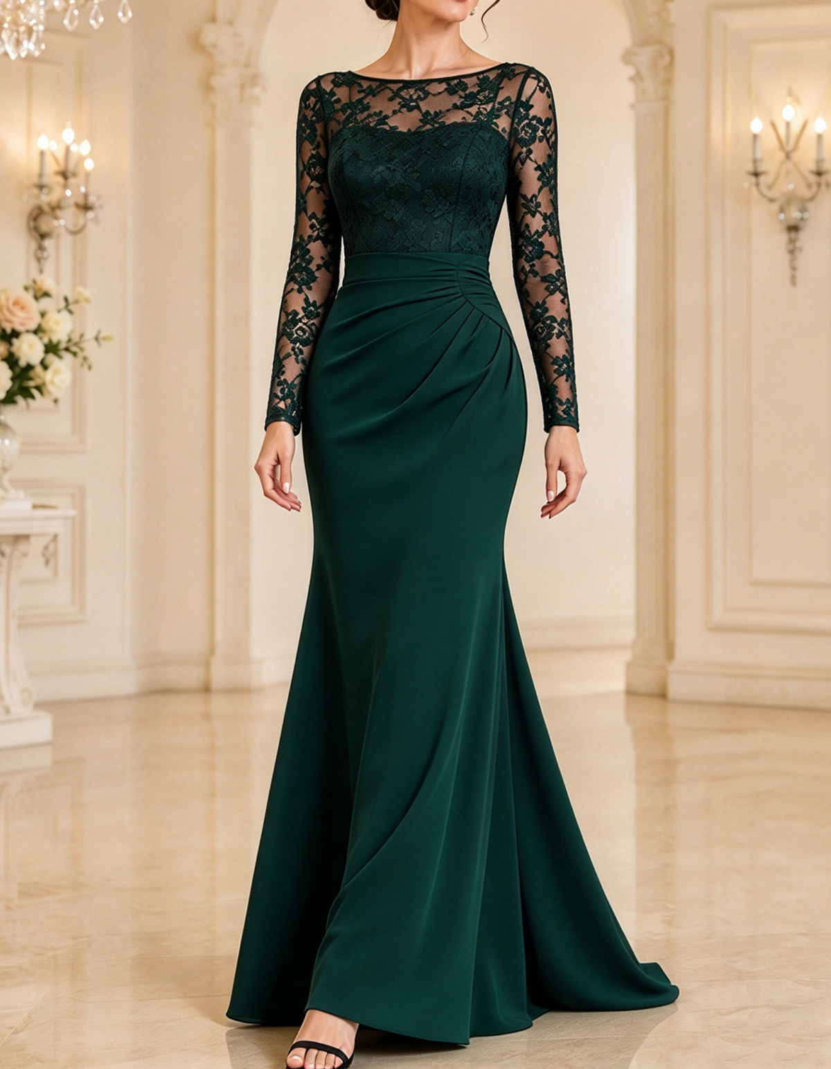 Long Sleeve Lace Ruched Waist Maxi Dress