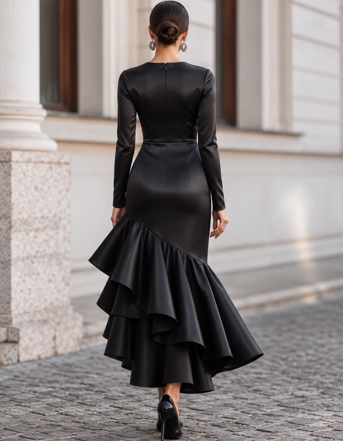 Satin-Maxikleid mit langen Ärmeln, asymmetrischem Saum und Meerjungfrauen-Schnitt