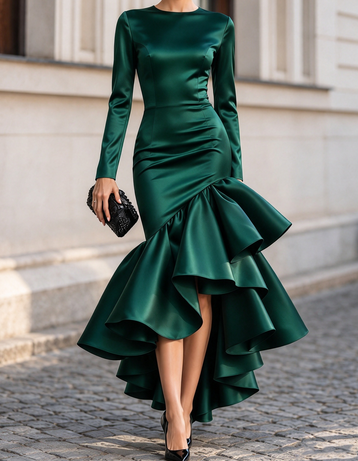 Long Sleeve Satin High-Low Ruffle Mermaid Maxi Dress