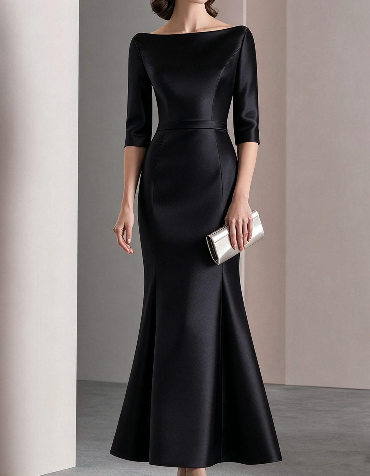 Elegant Boat Neck Three Quarter Sleeve Satin Maxi Dress