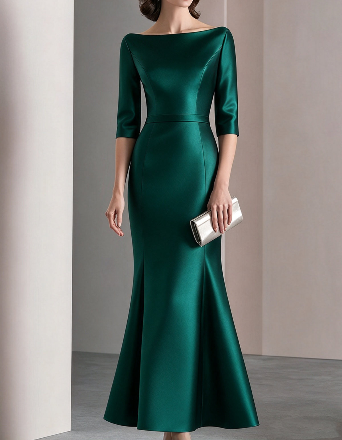 Elegant Boat Neck Three Quarter Sleeve Satin Maxi Dress