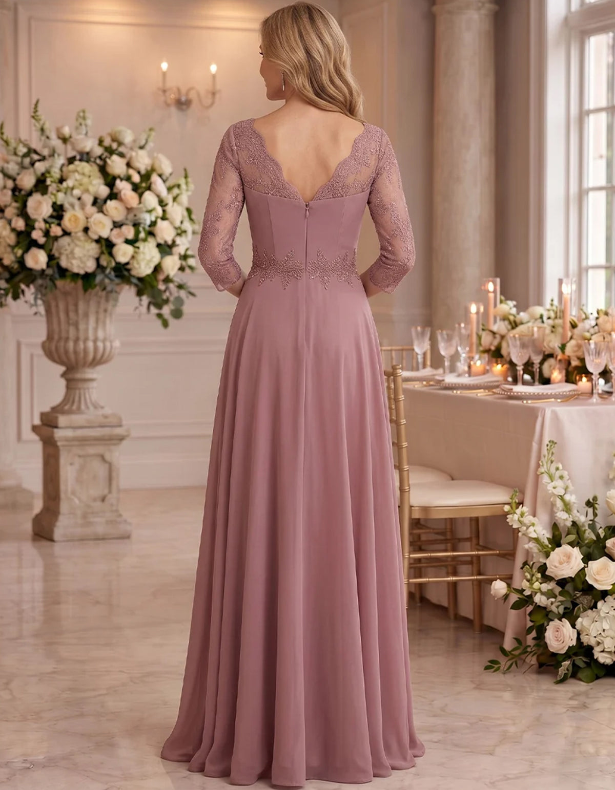 Chiffonnen maxi-jurk met watervalhals, kanten 3/4-mouwen en hoge taille