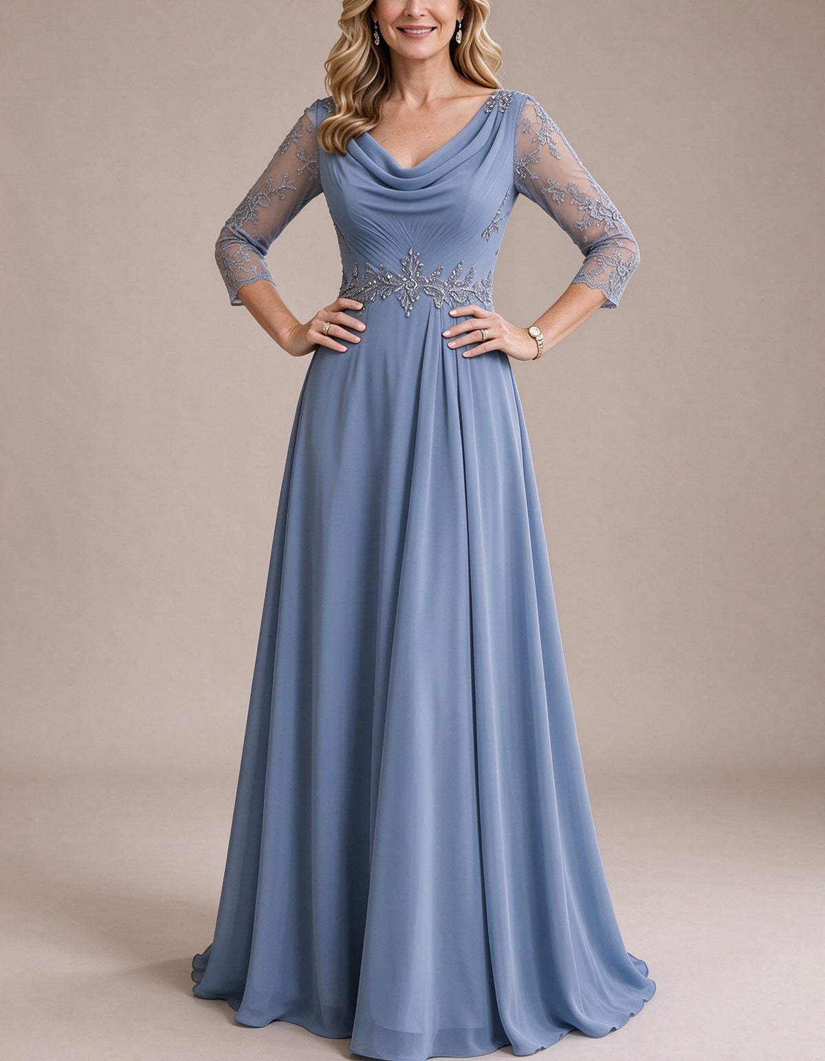 Chiffonnen maxi-jurk met watervalhals, kanten 3/4-mouwen en hoge taille