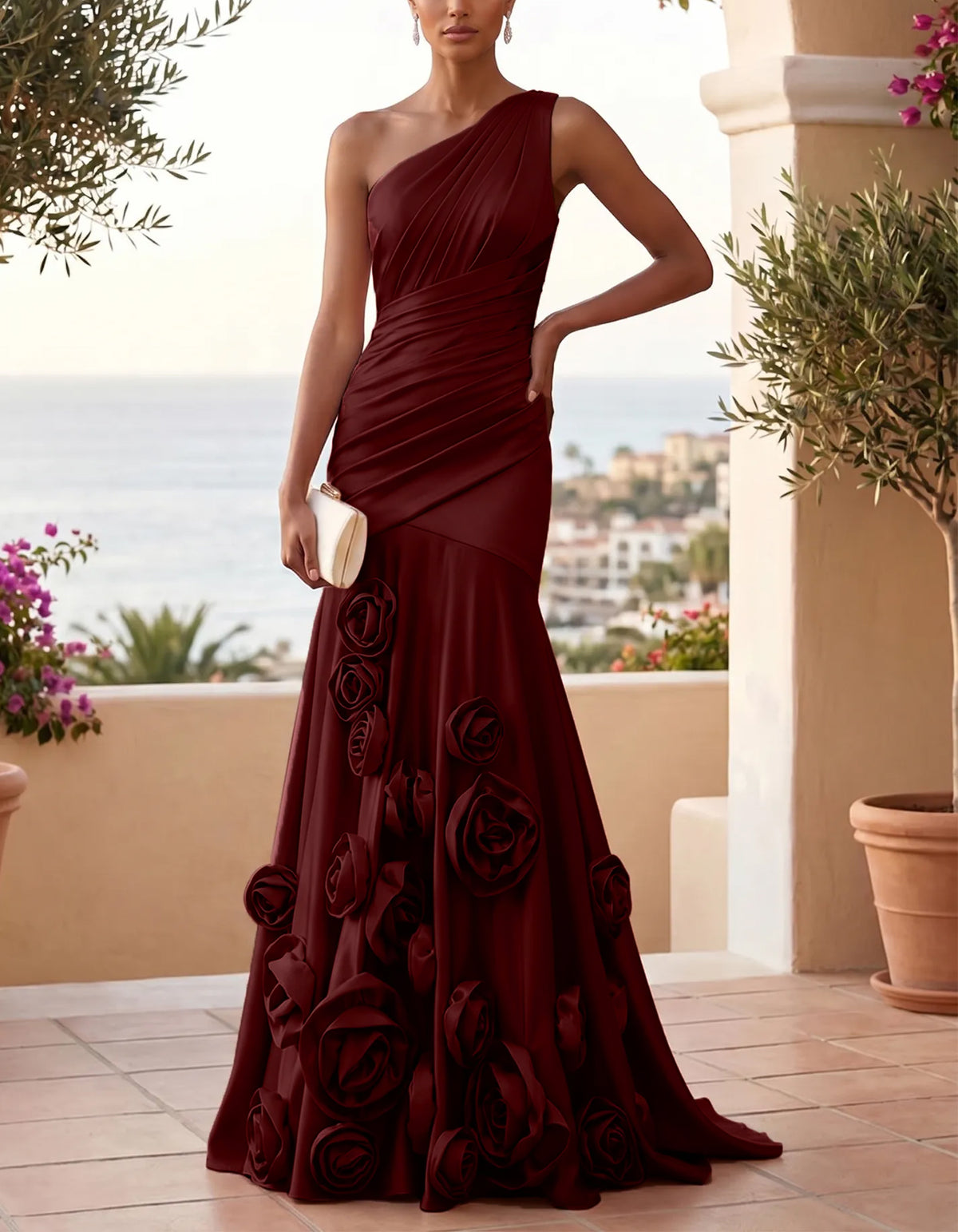 Einfarbiges Satinkleid mit One-Shoulder-Träger, Meerjungfrau-Schnitt, 3D-Blumendetails und Maxilänge