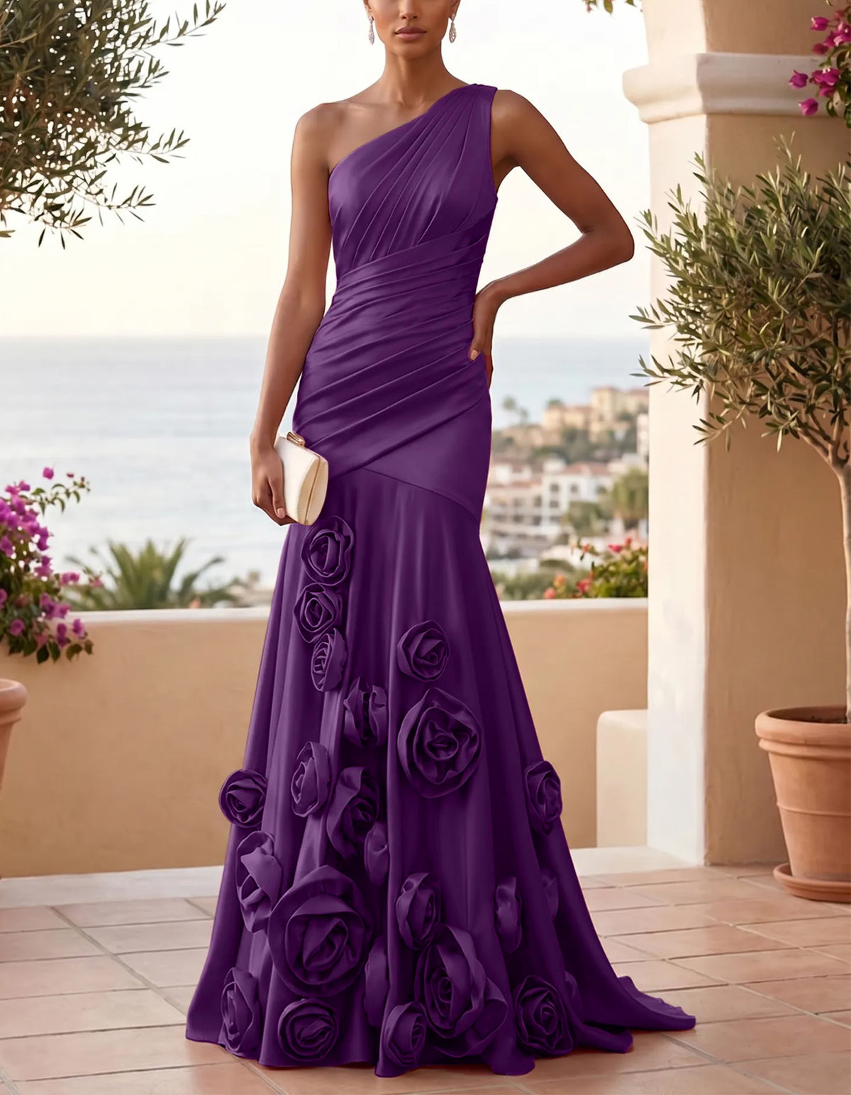 Einfarbiges Satinkleid mit One-Shoulder-Träger, Meerjungfrau-Schnitt, 3D-Blumendetails und Maxilänge