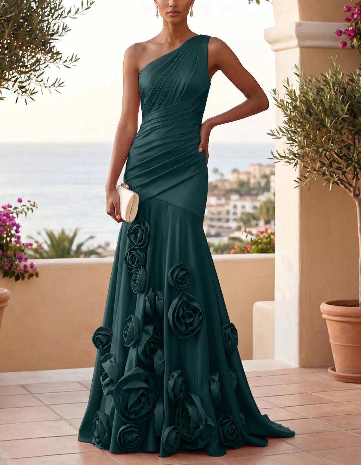 Einfarbiges Satinkleid mit One-Shoulder-Träger, Meerjungfrau-Schnitt, 3D-Blumendetails und Maxilänge