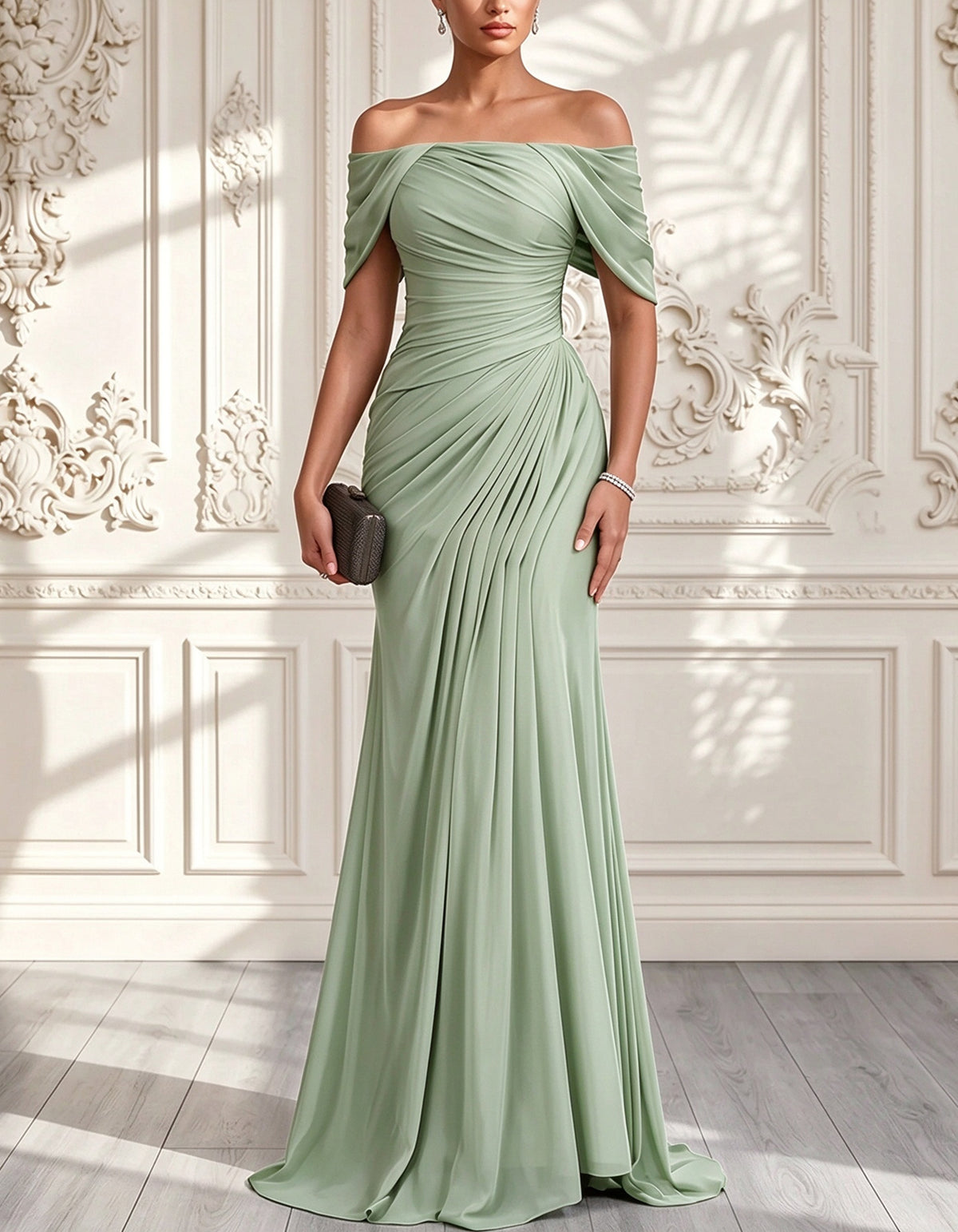 Vestido largo de gasa color verde oliva, con capa drapeada, mangas tipo capa, hombros descubiertos y fruncido