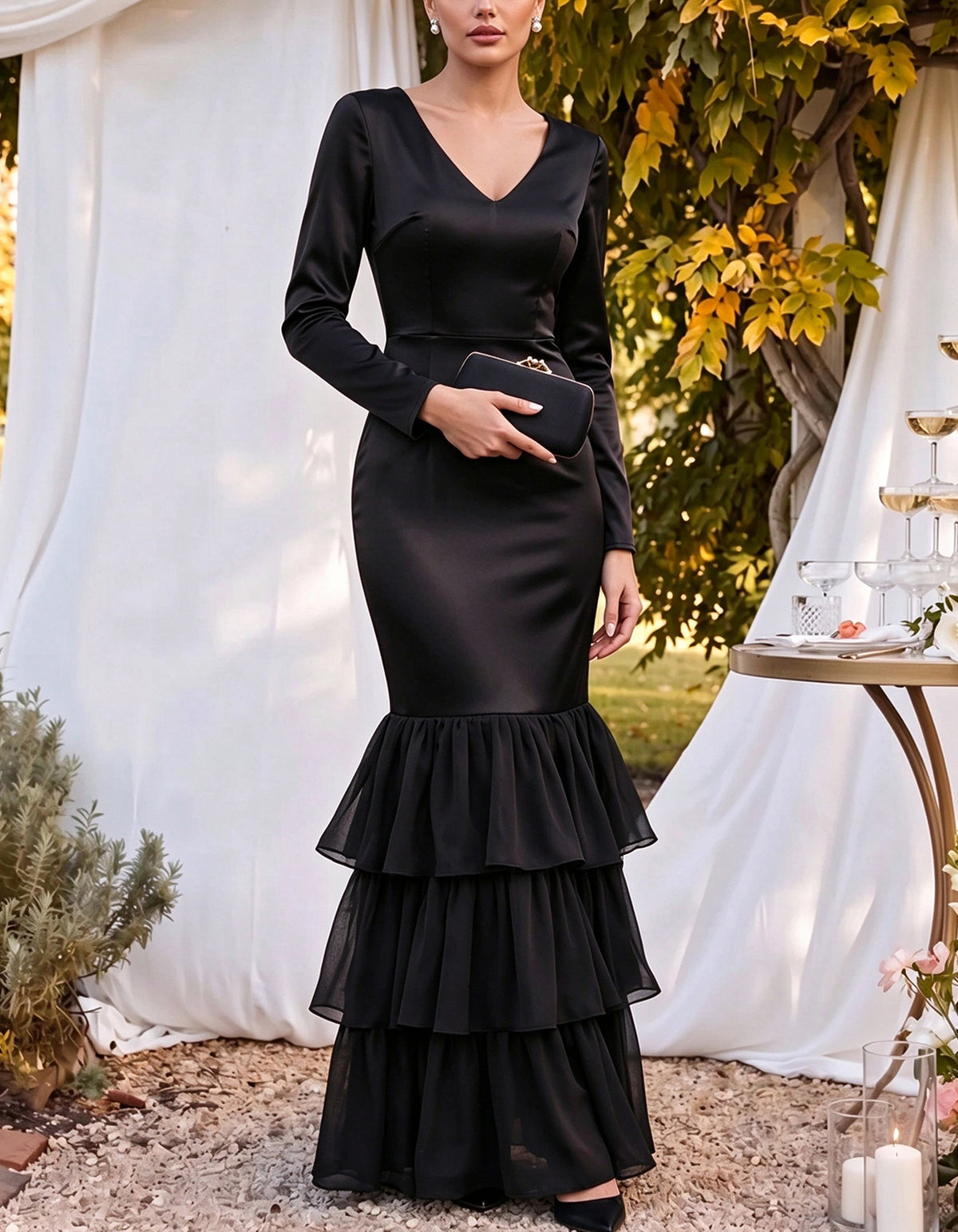 Vestido largo de satén con escote en V, mangas largas ajustadas y volantes escalonados