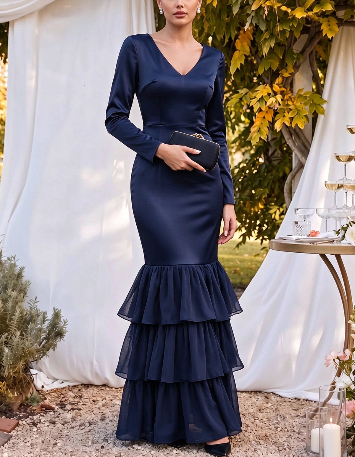 Vestido largo de satén con escote en V, mangas largas ajustadas y volantes escalonados