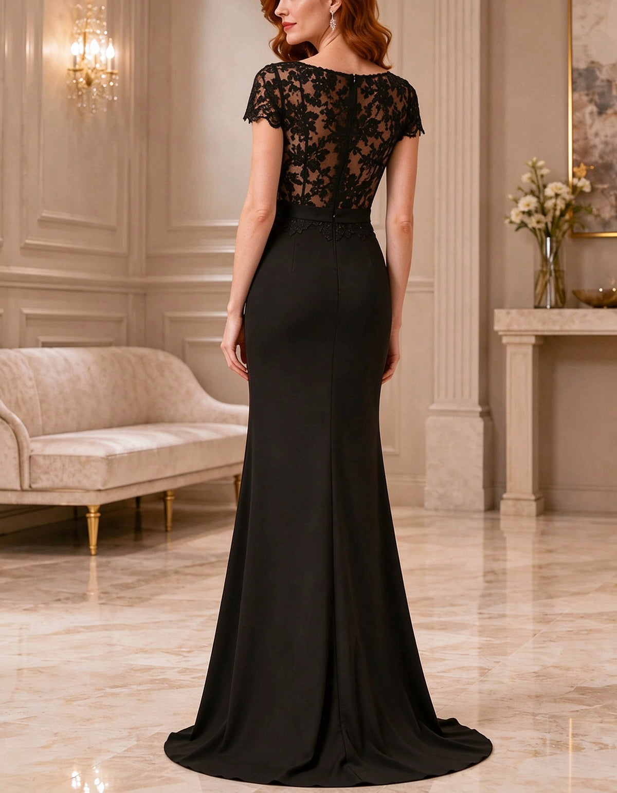 Robe longue maxi noire ajustée à col bateau, manches courtes et corsage en dentelle