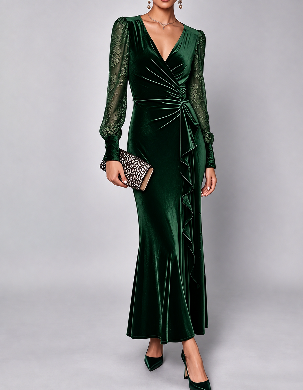 Vestido maxi de terciopelo con escote cruzado en V pronunciada, volantes y mangas de encaje