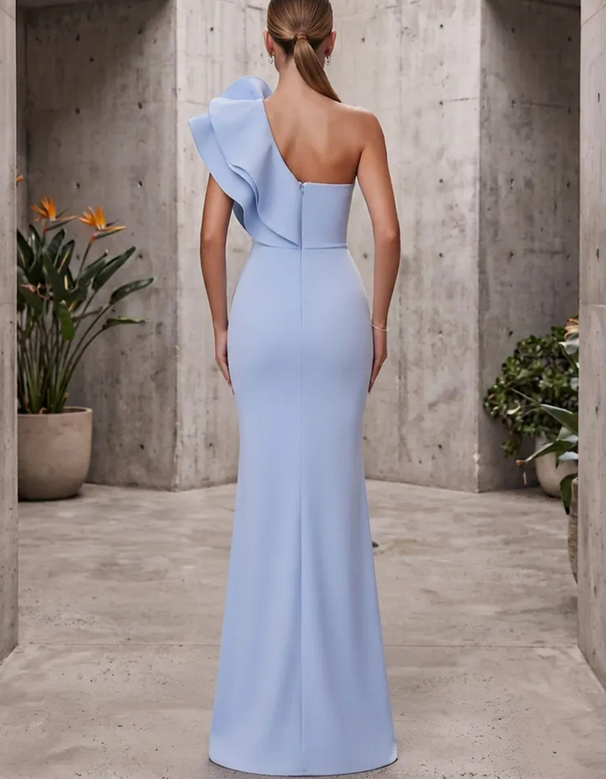 Robe longue maxi sirène à une épaule, fleurs en 3D, volants et fente haute