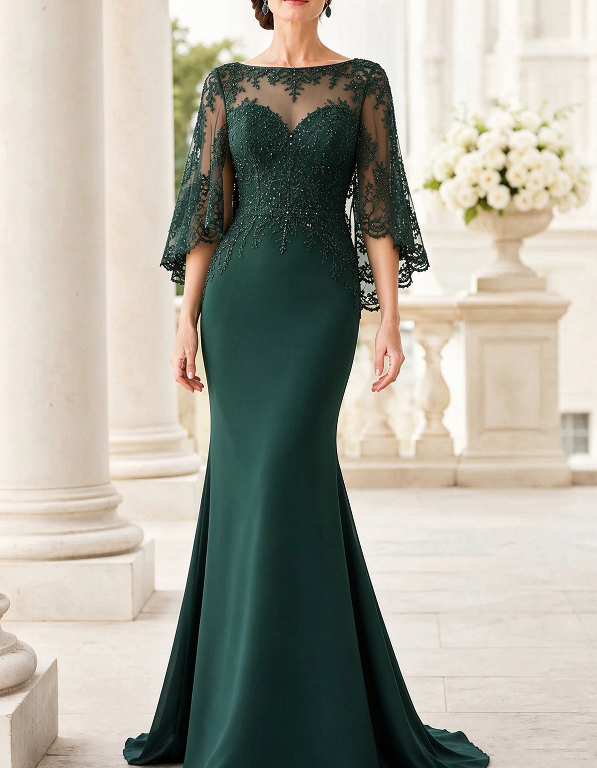Vestido maxi de encaje con escote barco y mangas tipo capa