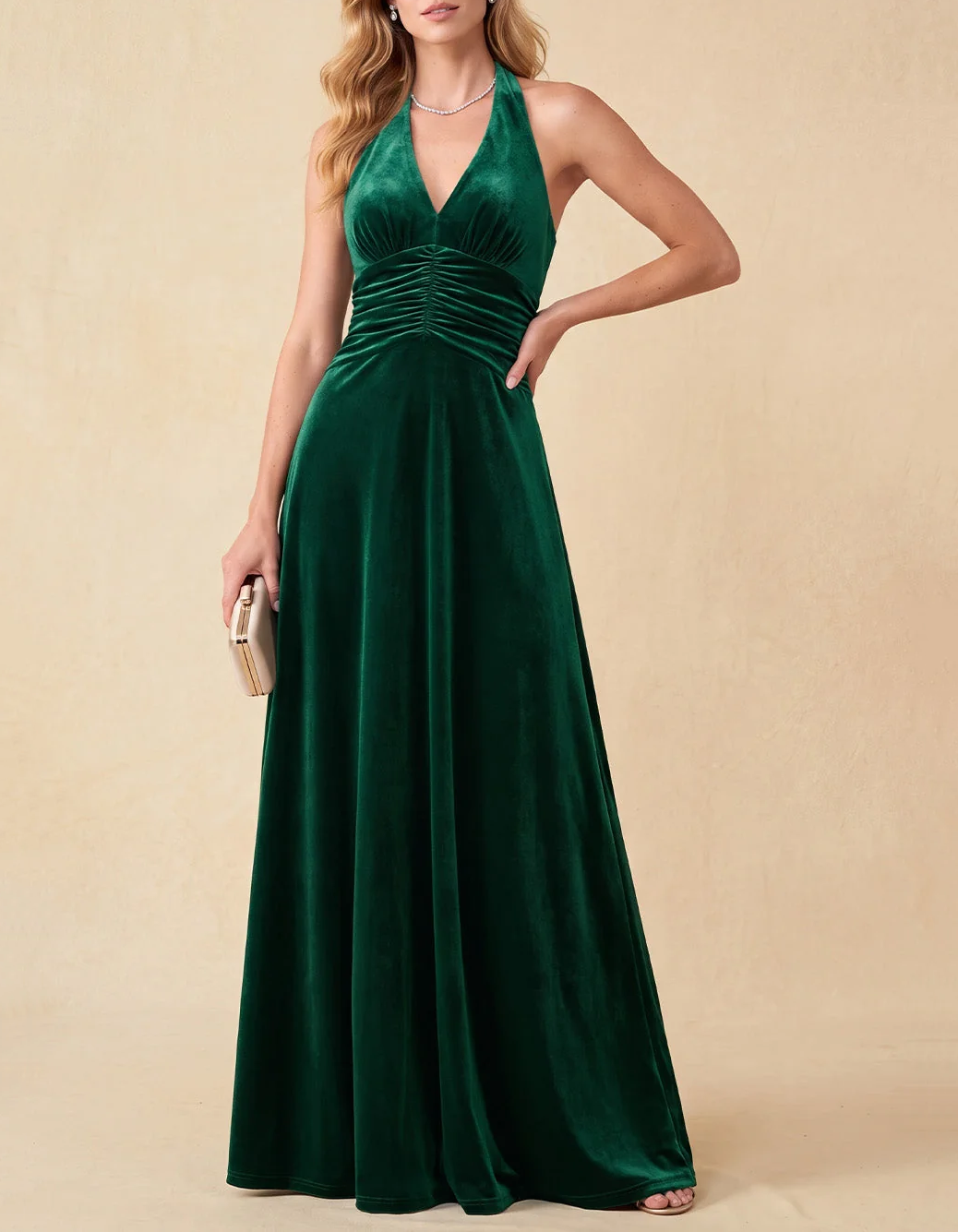 Robe longue habillée trapèze en velours à col dos nu, décolleté en V profond et taille froncée