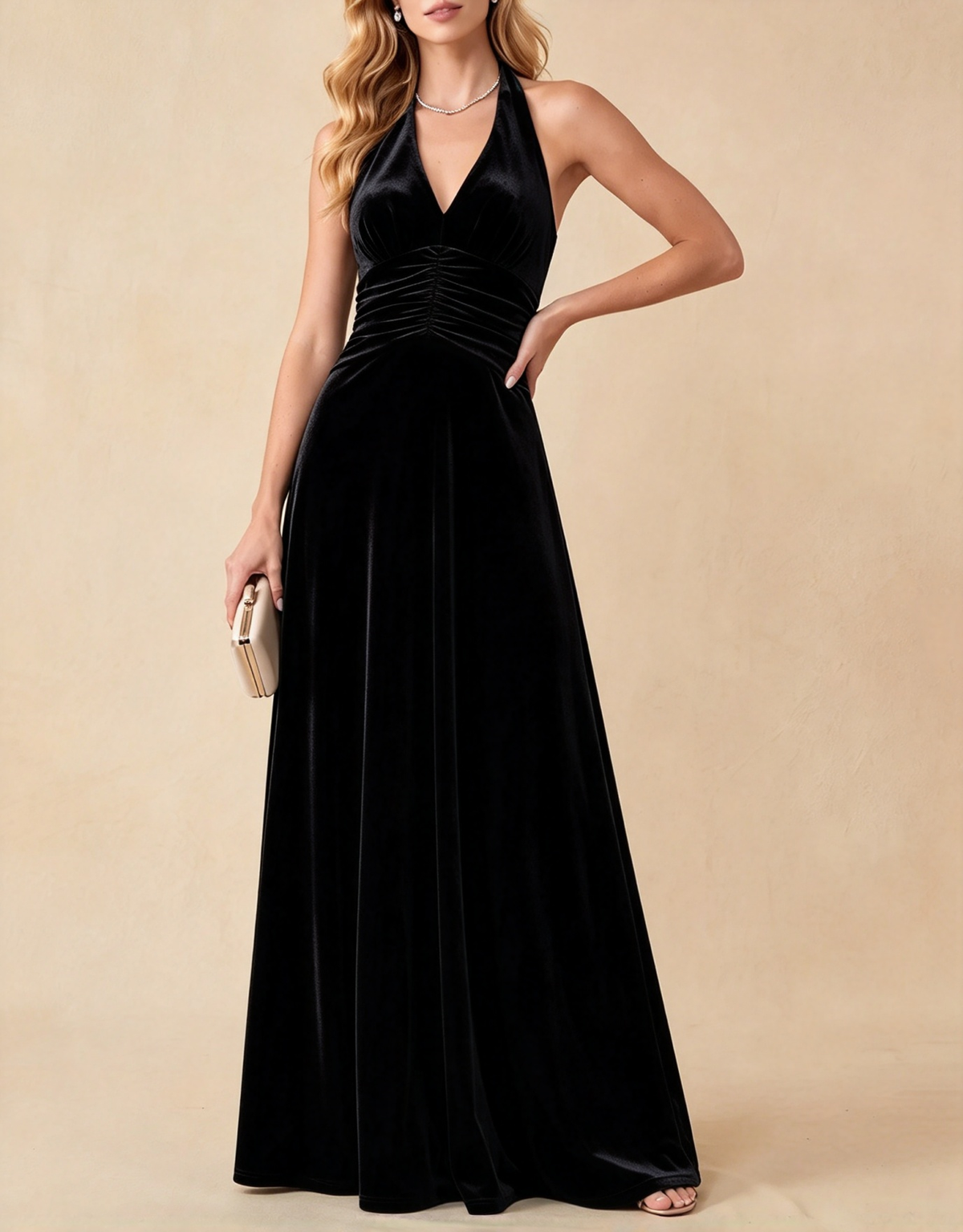 Vestido largo formal de terciopelo con cuello halter, escote en V profundo, cintura fruncida y corte en A