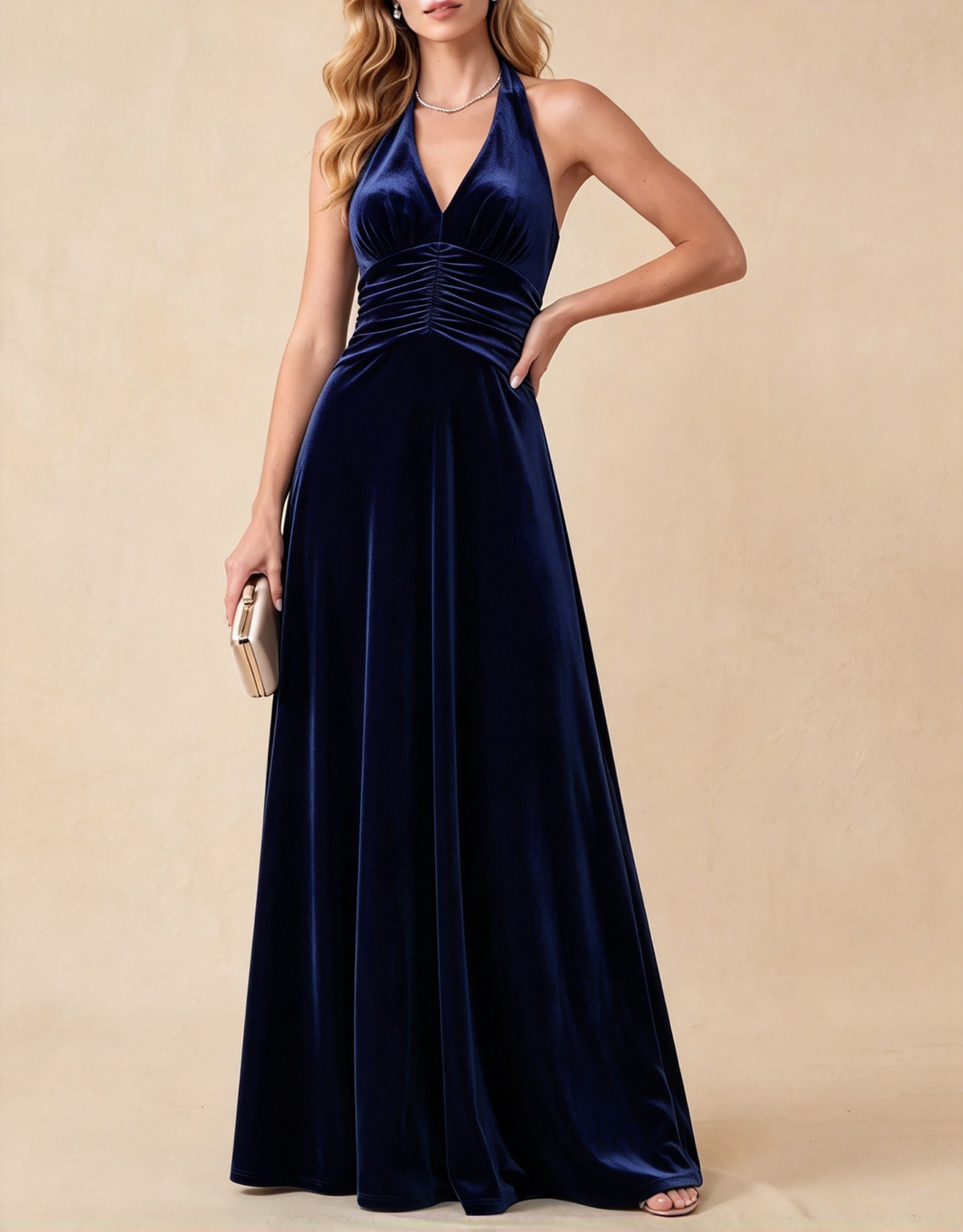 Vestido largo formal de terciopelo con cuello halter, escote en V profundo, cintura fruncida y corte en A